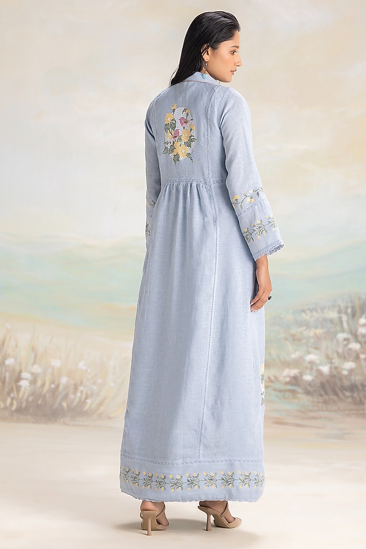 Star Blue Linen Hand Screen Printed & Embroidered Abaya Jacket Cocktail Dress by Kaveri at Pernia's Pop Up Shop