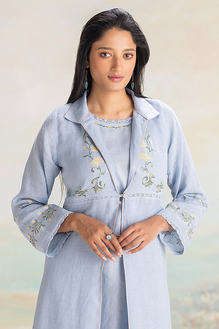 Star Blue Linen Hand Screen Printed & Embroidered Abaya Jacket Cocktail Dress by Kaveri at Pernia's Pop Up Shop