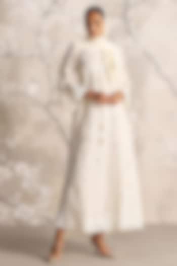 Off-White Linen Printed & Pearl Embellished Cocktail Dress by Kaveri at Pernia's Pop Up Shop