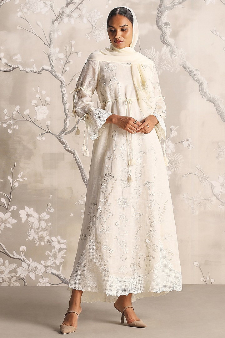 Off-White Linen Printed & Pearl Embellished Cocktail Dress by Kaveri at Pernia's Pop Up Shop