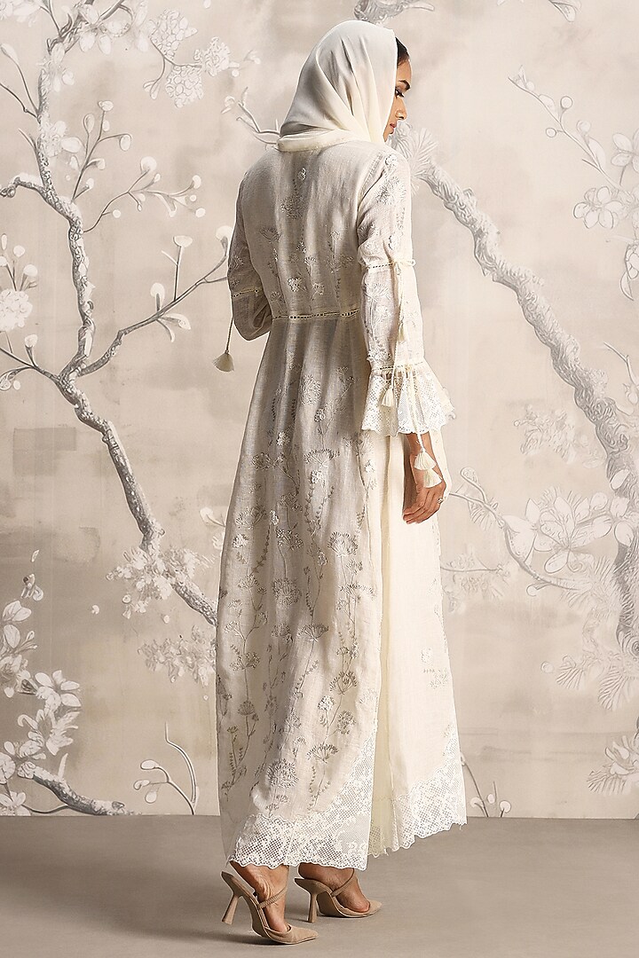 Off-White Linen Printed & Pearl Embellished Cocktail Dress by Kaveri at Pernia's Pop Up Shop