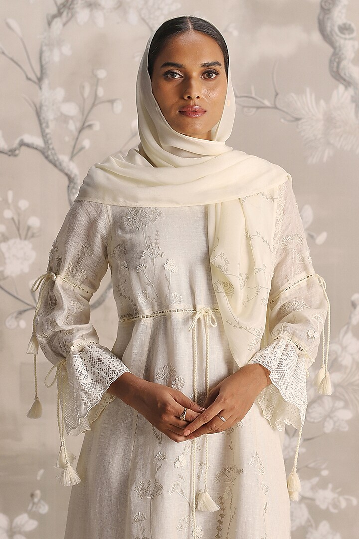 Off-White Linen Printed & Pearl Embellished Cocktail Dress by Kaveri at Pernia's Pop Up Shop