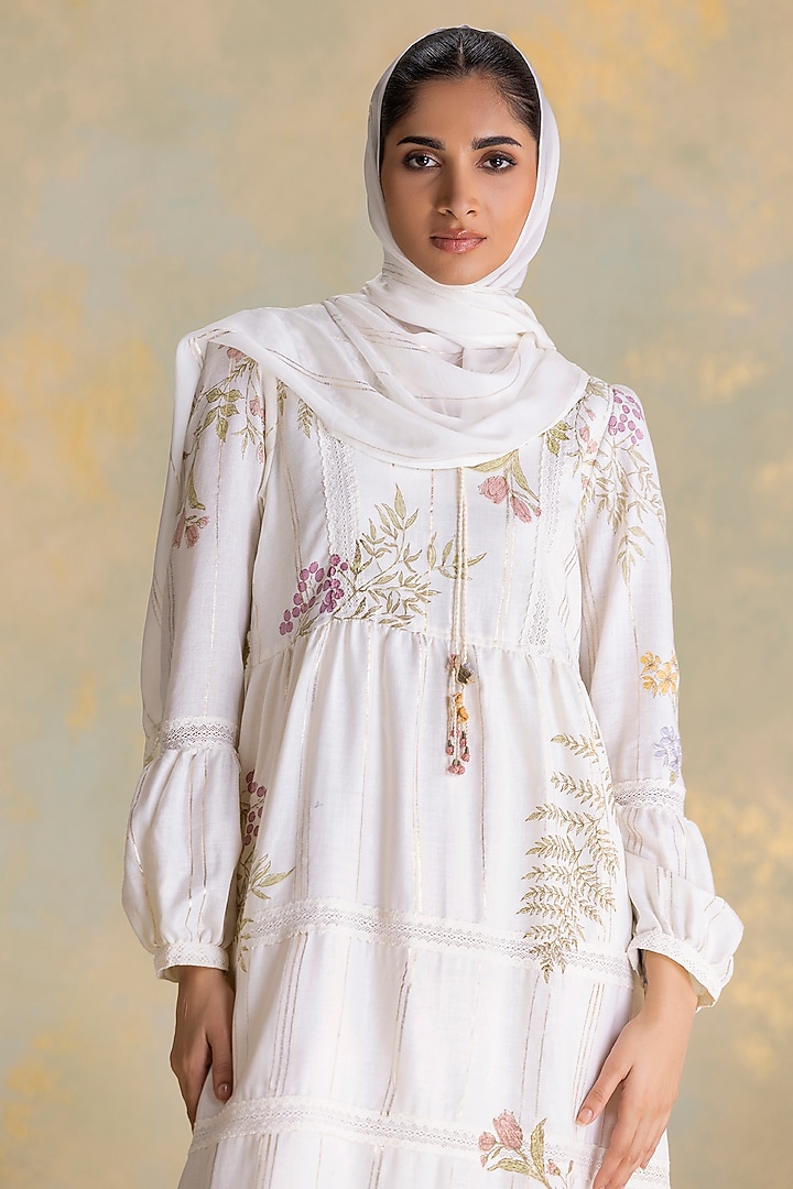 Off-White Linen Blend Printed Cocktail Dress by Kaveri at Pernia's Pop Up Shop