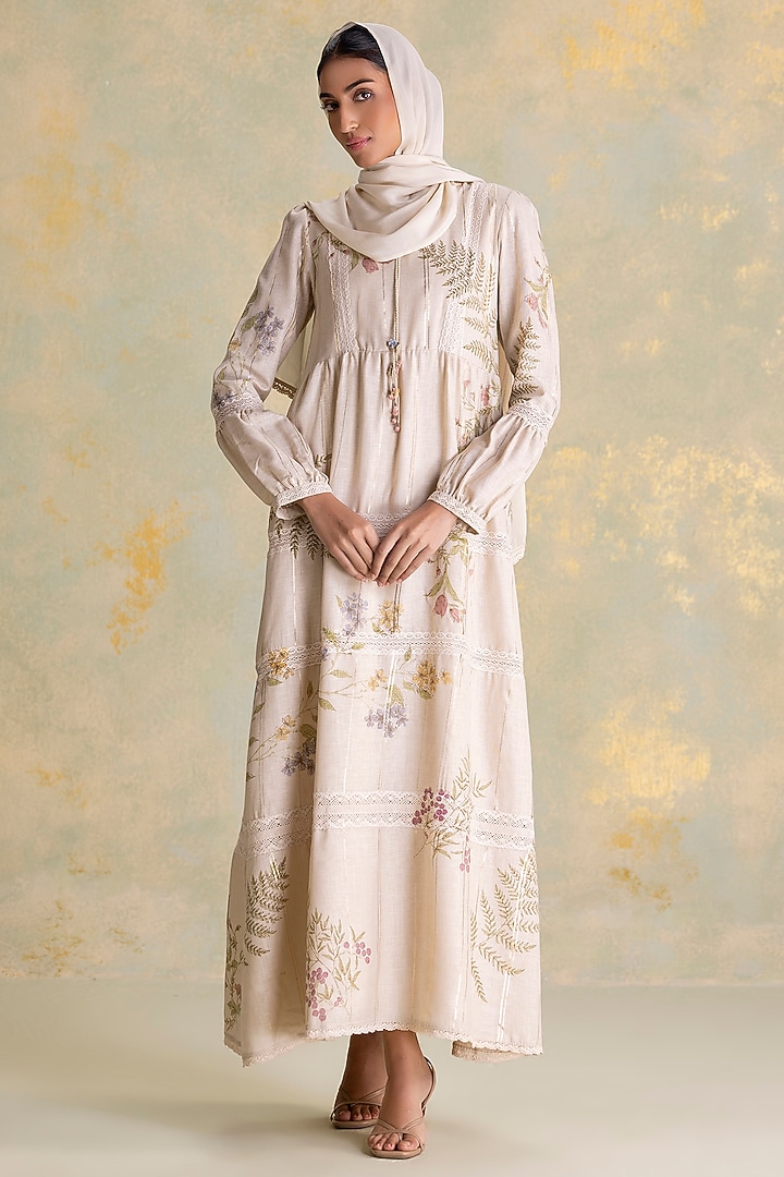 Natural Beige Linen Blend Printed Cocktail Dress by Kaveri at Pernia's Pop Up Shop