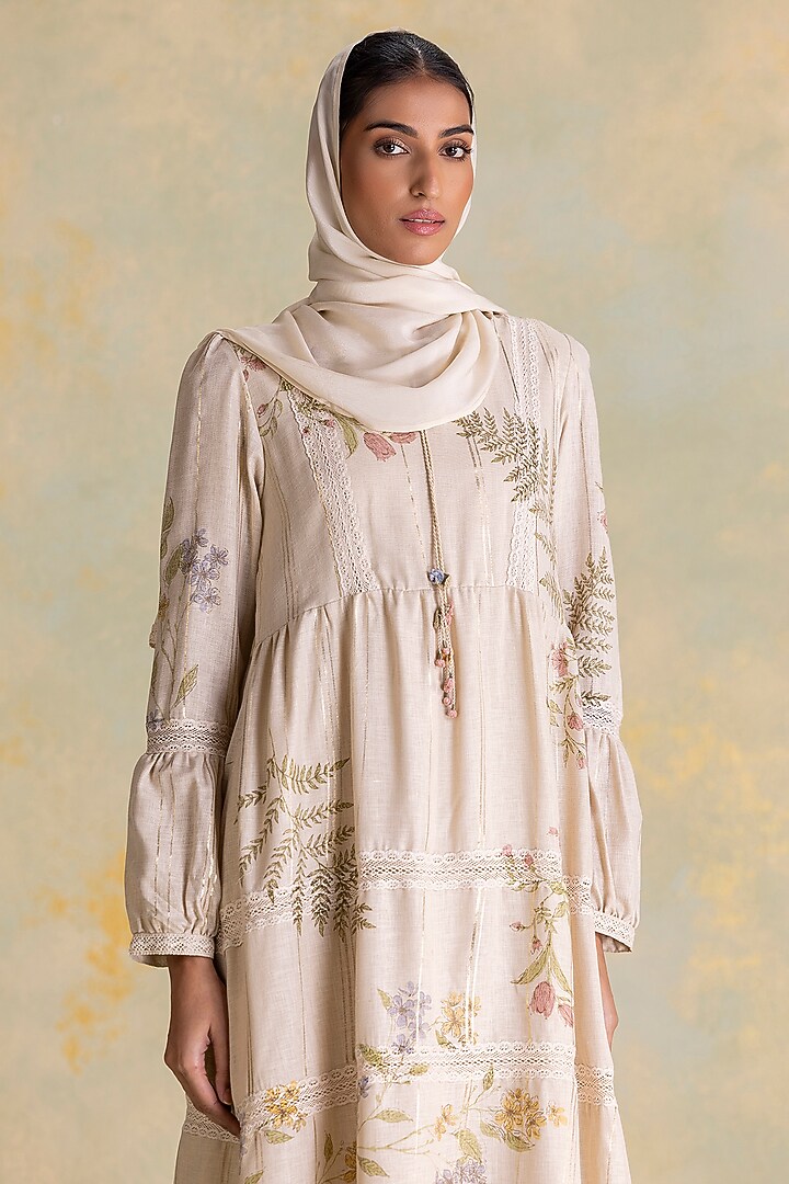 Natural Beige Linen Blend Printed Cocktail Dress by Kaveri at Pernia's Pop Up Shop