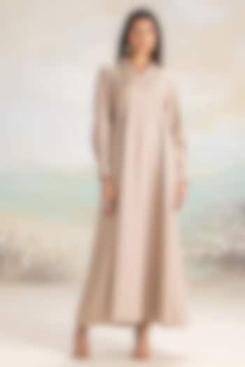 Cement Grey Linen Blend Gold Embroidered Vacation Dress by Kaveri at Pernia's Pop Up Shop