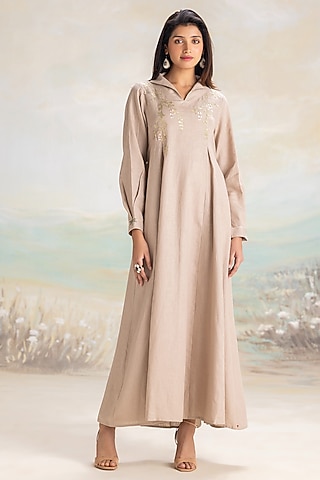 Cement Grey Linen Blend Gold Embroidered Dress by Kaveri