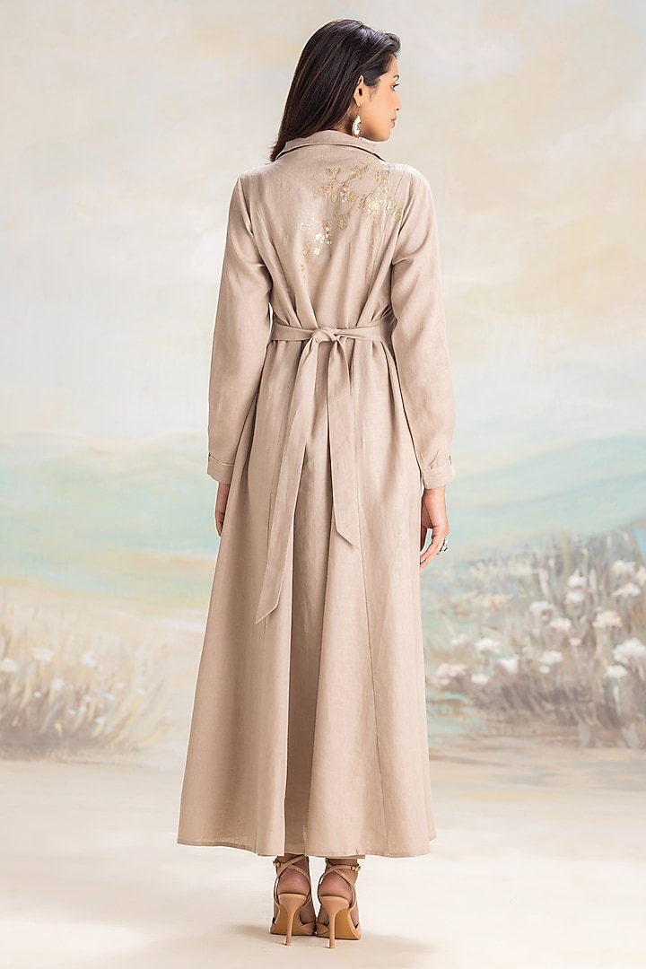 Cement Grey Linen Blend Gold Embroidered Vacation Dress by Kaveri at Pernia's Pop Up Shop