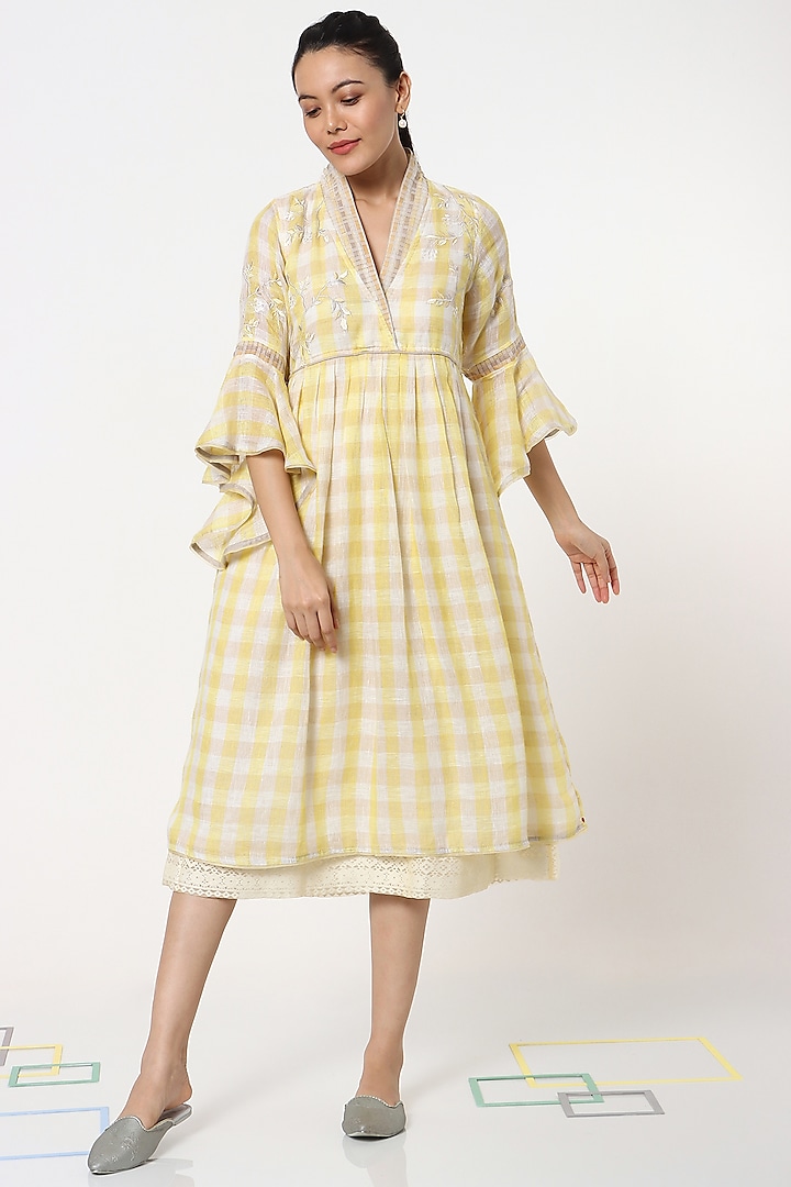 Yellow Hand & Machine Embroidered Dress by Kaveri