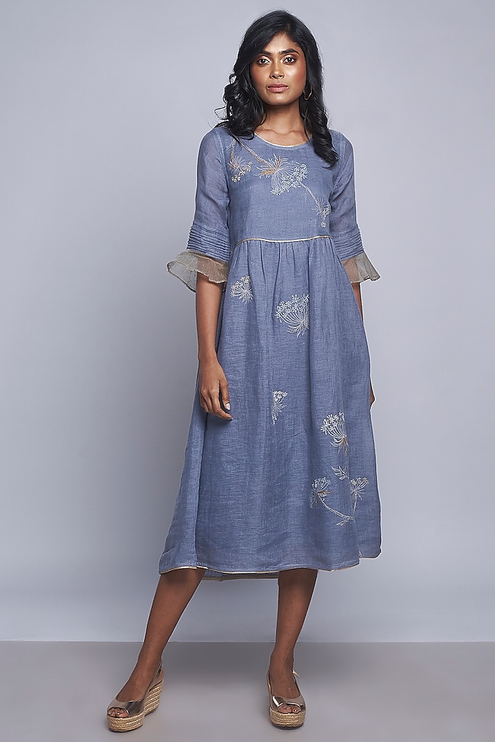 Greyish Blue Hand & Machine Embroidered Dress  by Kaveri