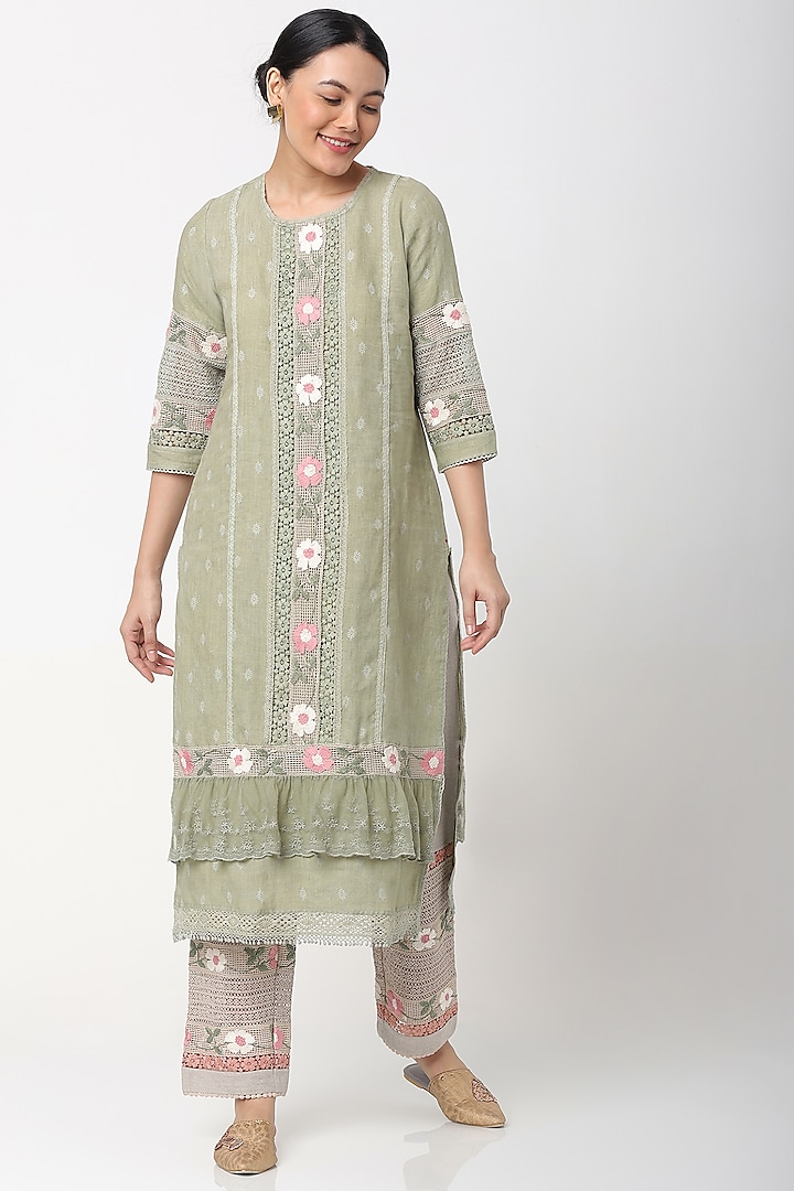 Green Printed & Embroidered Tunic by Kaveri