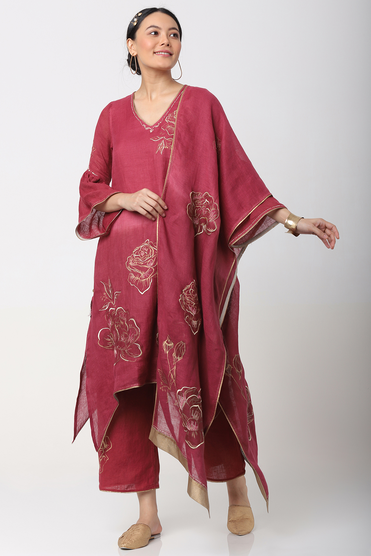 Red Printed & Embroidered Flared Pants by Kaveri at Pernia's Pop Up Shop
