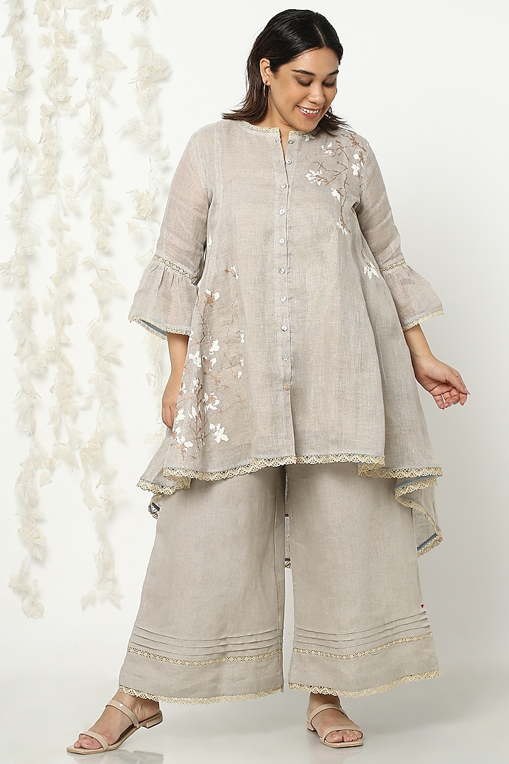 Cream Handprinted & Embroidered HIgh-Low Tunic by Kaveri