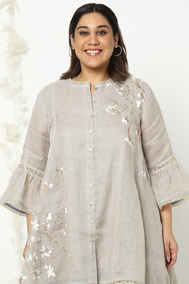 Cream Handprinted & Embroidered HIgh-Low Tunic by Kaveri at Pernia's Pop Up Shop
