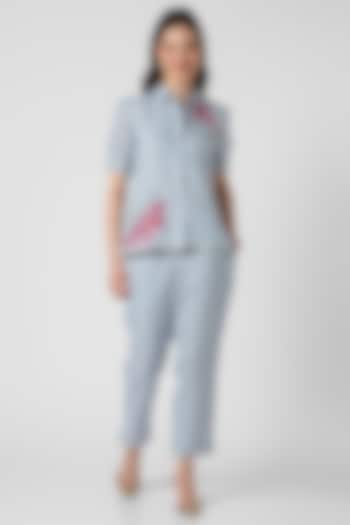 Blue Linen Hand Screen Printed & Thread Embroidered Co-Ord Set by Kaveri at Pernia's Pop Up Shop