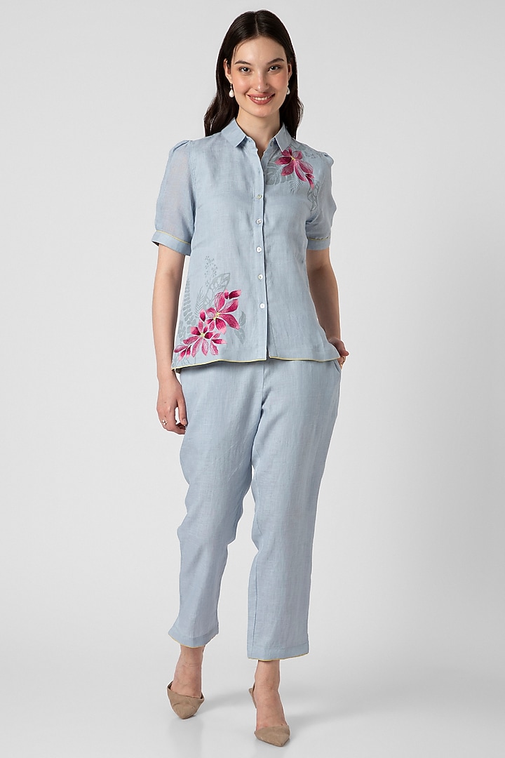 Blue Linen Hand Screen Printed & Thread Embroidered Co-Ord Set by Kaveri at Pernia's Pop Up Shop