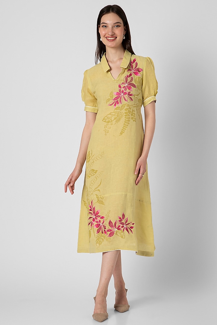 Neon Linen Hand Screen Printed & Thread Embroidered Dress by Kaveri at Pernia's Pop Up Shop