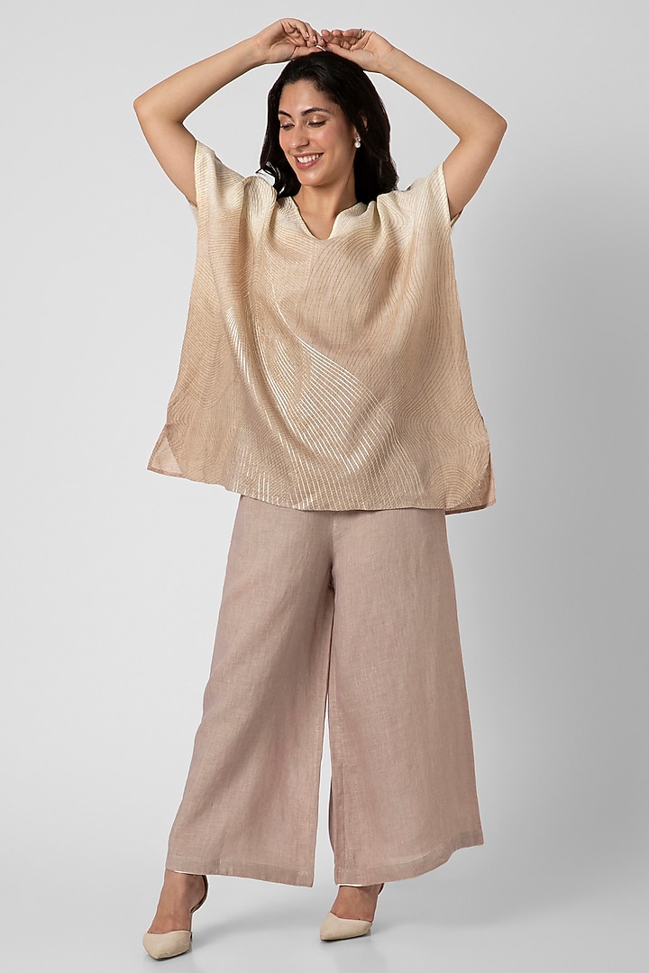 Beige Ombre Dyed Linen Hand Screen Printed Co-Ord Set by Kaveri at Pernia's Pop Up Shop