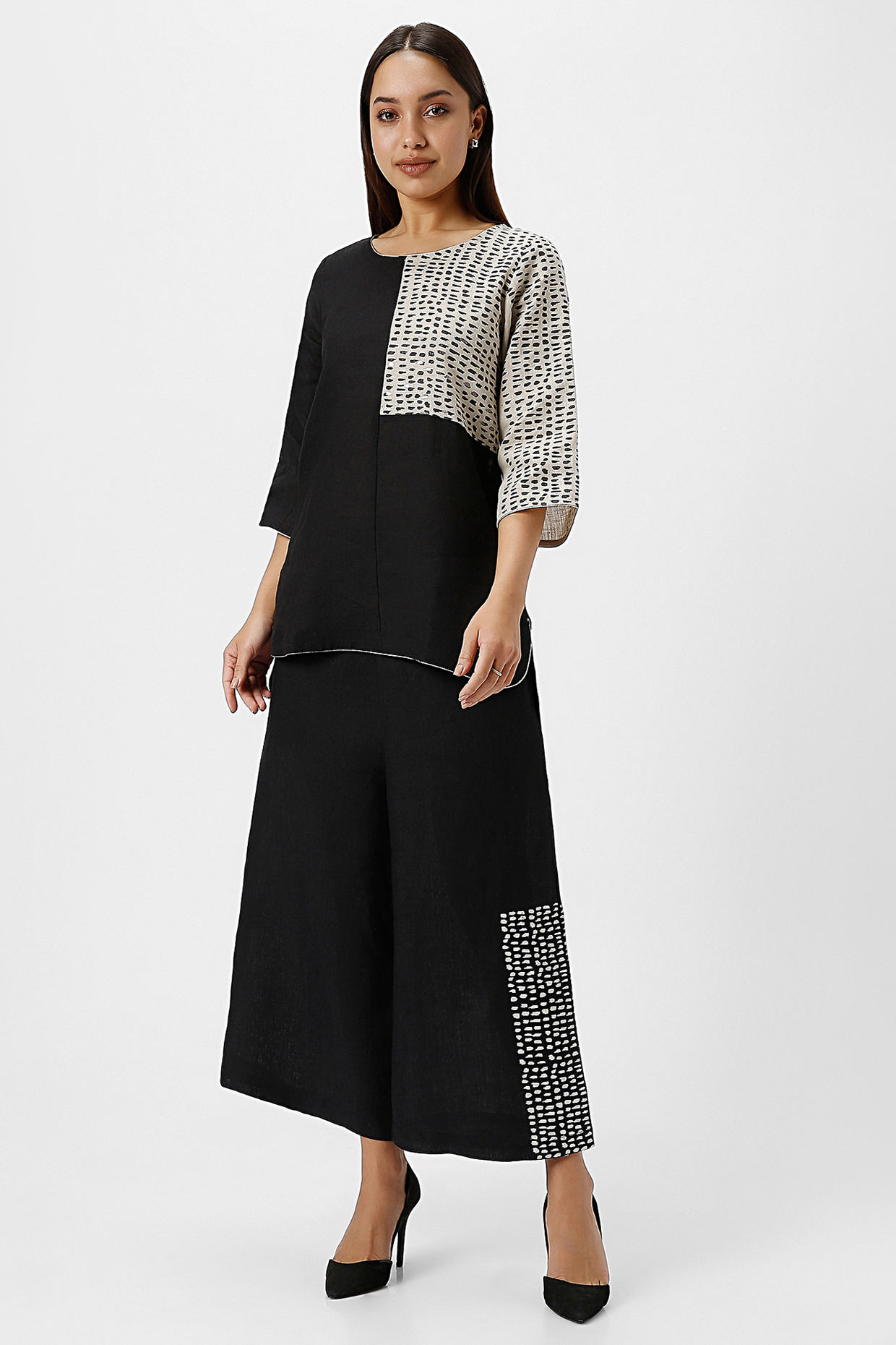Grey & Black Linen Hand Screen Printed Co-Ord Set by Kaveri at Pernia's Pop Up Shop