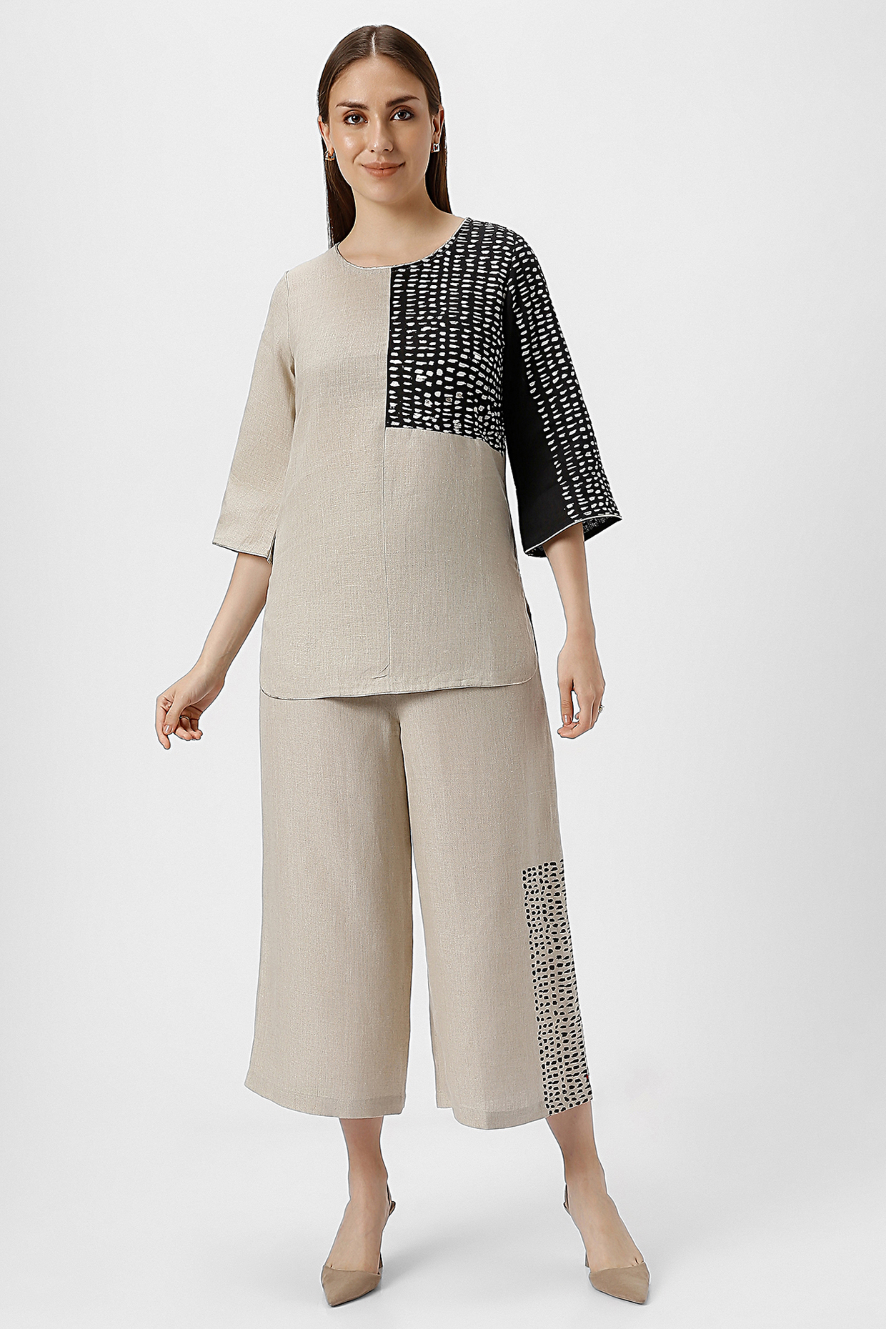 White & Beige Linen Hand Screen Printed Co-Ord Set by Kaveri at Pernia's Pop Up Shop