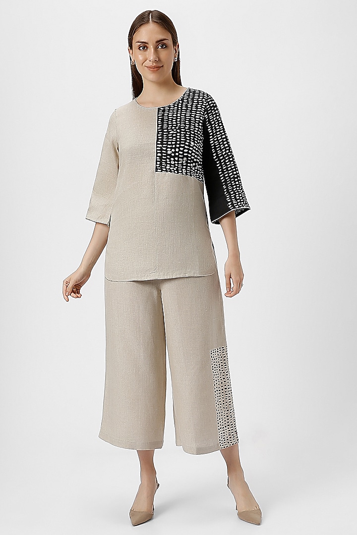 White & Beige Linen Hand Screen Printed Co-Ord Set by Kaveri at Pernia's Pop Up Shop