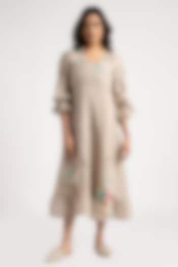 Natural Linen Floral Embroidered Midi Vacation Dress by Kaveri at Pernia's Pop Up Shop