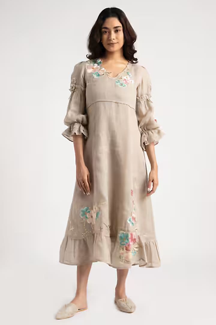 Natural Linen Floral Embroidered Midi Vacation Dress by Kaveri at Pernia's Pop Up Shop