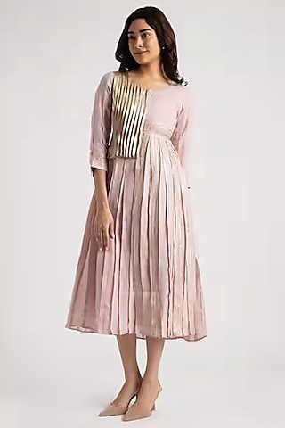 Pink Linen Floral Embroidered Dress by Kaveri