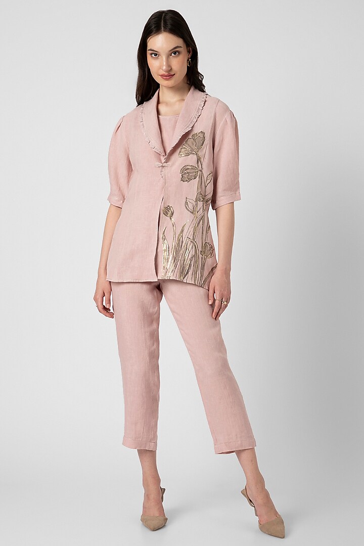 Shadow Rose Pink Linen Embroidered & Printed Blazer Set by Kaveri at Pernia's Pop Up Shop