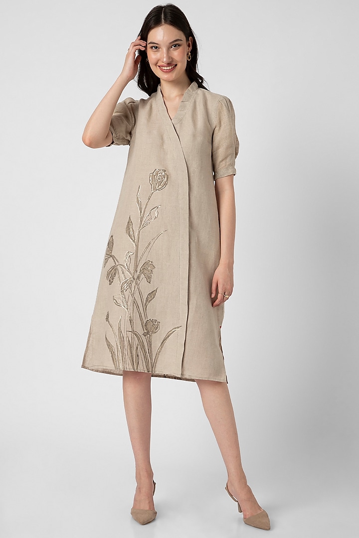 Beige Linen Hand Screen Printed Dress by Kaveri at Pernia's Pop Up Shop