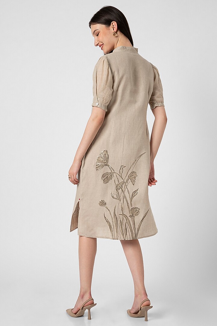 Beige Linen Hand Screen Printed Summer Dress by Kaveri at Pernia's Pop Up Shop