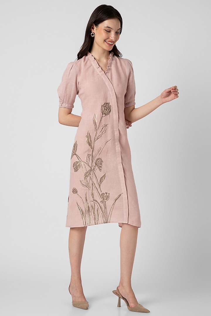 Shadow Rose Pink Linen Hand Screen Printed Dress by Kaveri at Pernia's Pop Up Shop