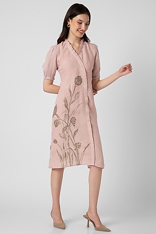 Shadow Rose Pink Linen Hand Screen Printed Dress by Kaveri