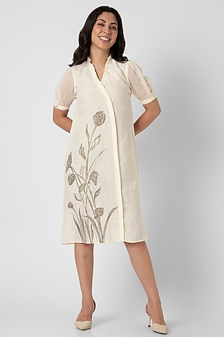 Off-White Linen Hand Screen Printed Dress by Kaveri