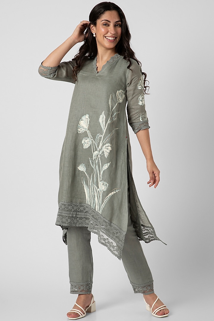 Jade Linen Hand Screen Printed Kurta Set by Kaveri at Pernia's Pop Up Shop