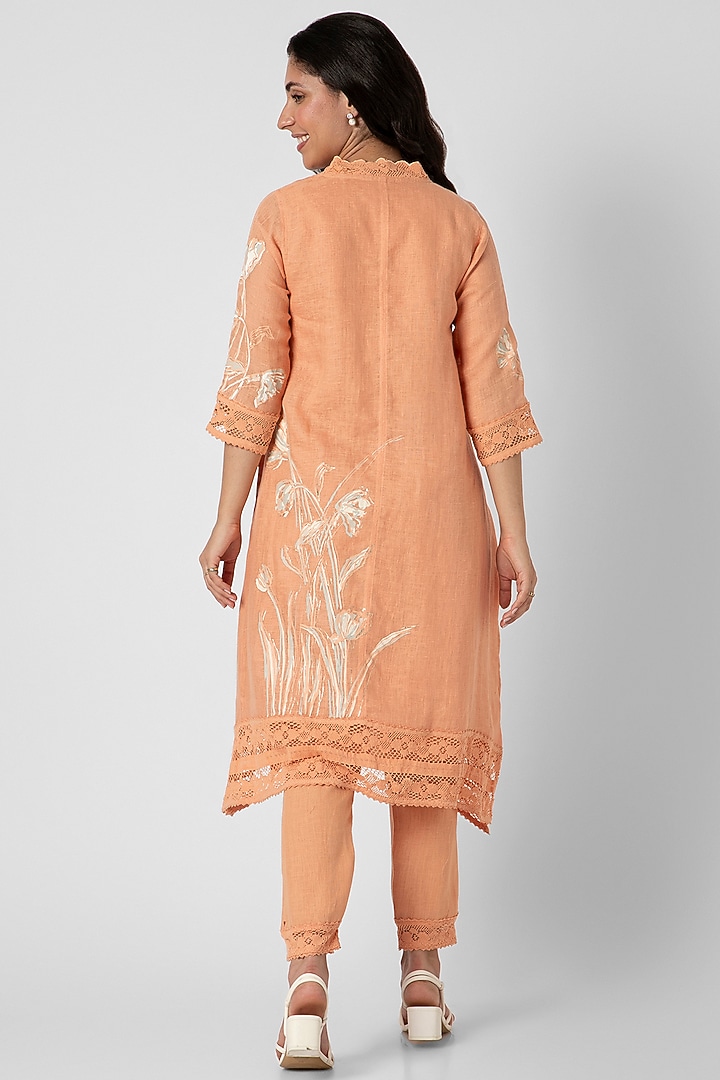 Orange Linen Hand Screen Printed Kurta Set by Kaveri at Pernia's Pop Up Shop