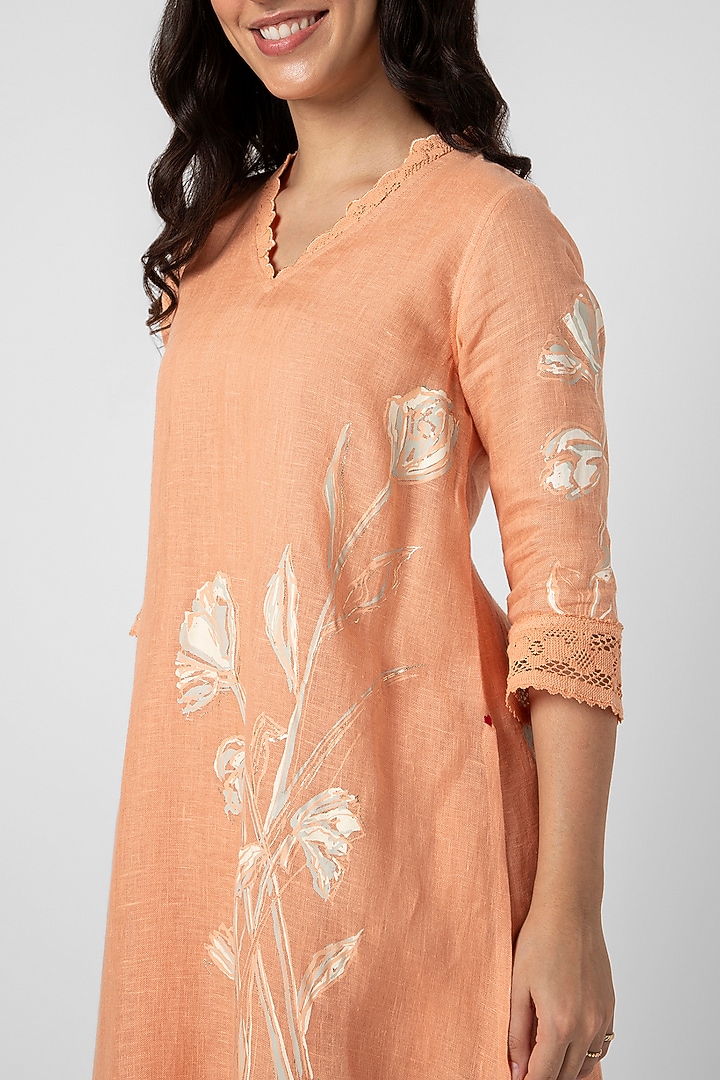 Orange Linen Hand Screen Printed Kurta Set by Kaveri at Pernia's Pop Up Shop