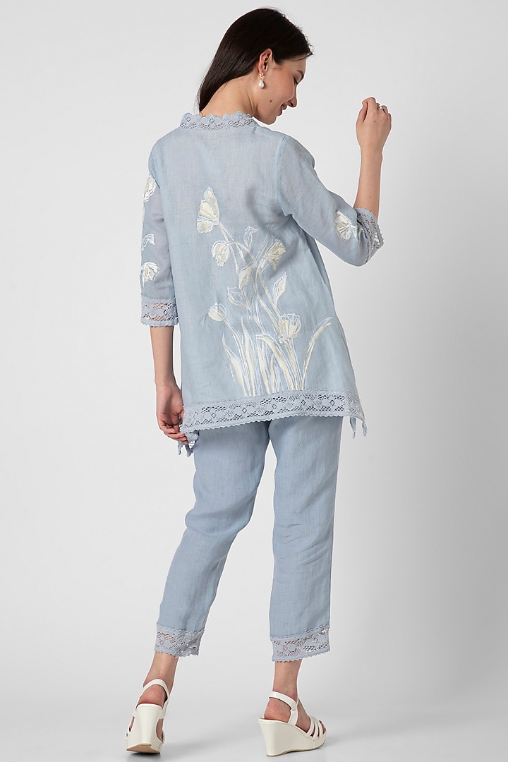 Blue Linen Hand Screen Printed Co-Ord Set by Kaveri at Pernia's Pop Up Shop