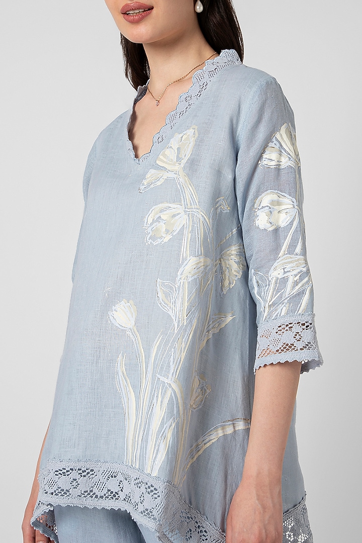 Blue Linen Hand Screen Printed Co-Ord Set by Kaveri at Pernia's Pop Up Shop