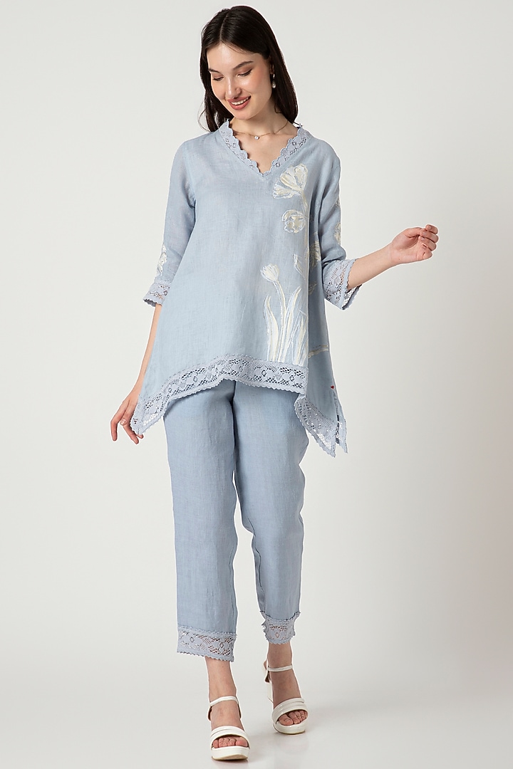 Blue Linen Hand Screen Printed Co-Ord Set by Kaveri at Pernia's Pop Up Shop