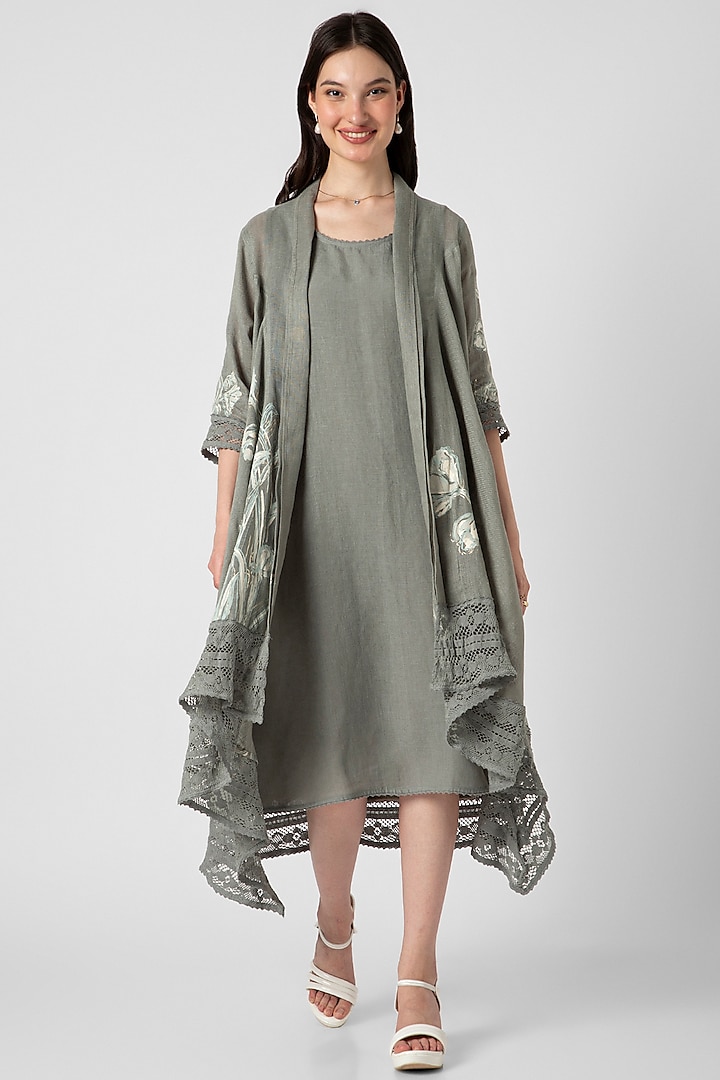 Jade Linen Hand Screen Printed Jacket Dress by Kaveri at Pernia's Pop Up Shop