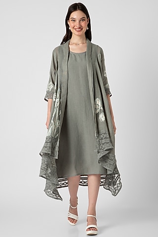 Jade Linen Hand Screen Printed Jacket Dress by Kaveri