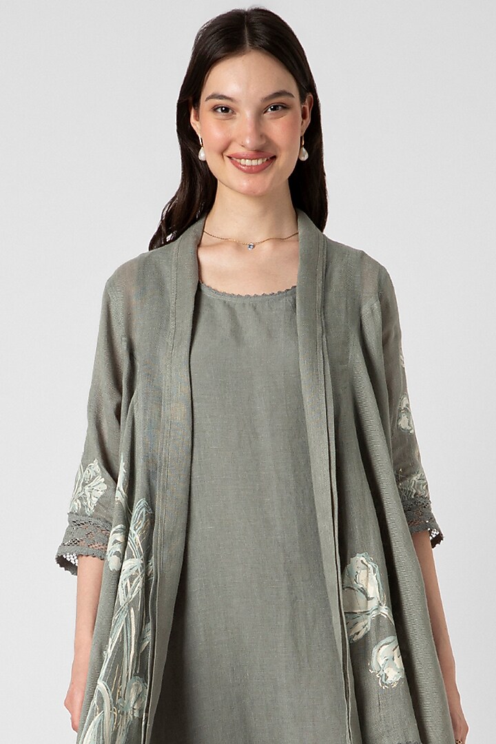 Jade Linen Hand Screen Printed Jacket Vacation Dress by Kaveri at Pernia's Pop Up Shop