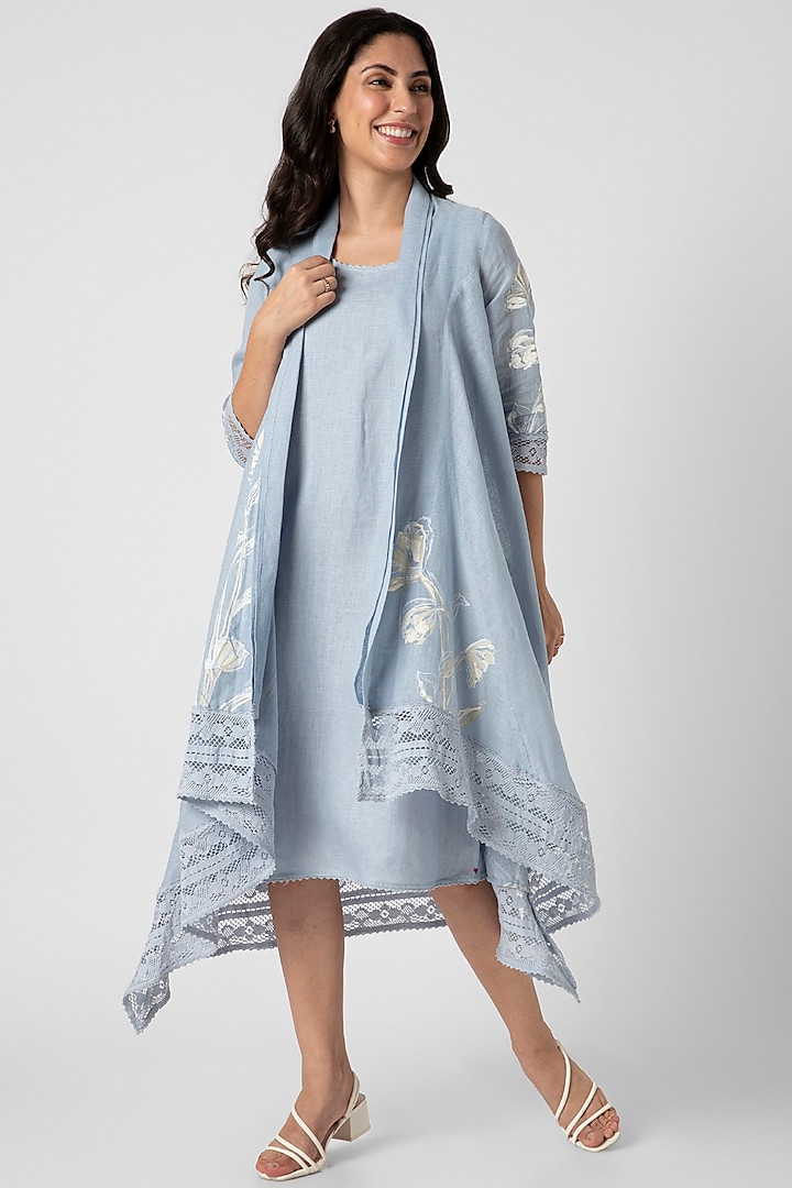 Blue Linen Hand Screen Printed Jacket Dress by Kaveri at Pernia's Pop Up Shop