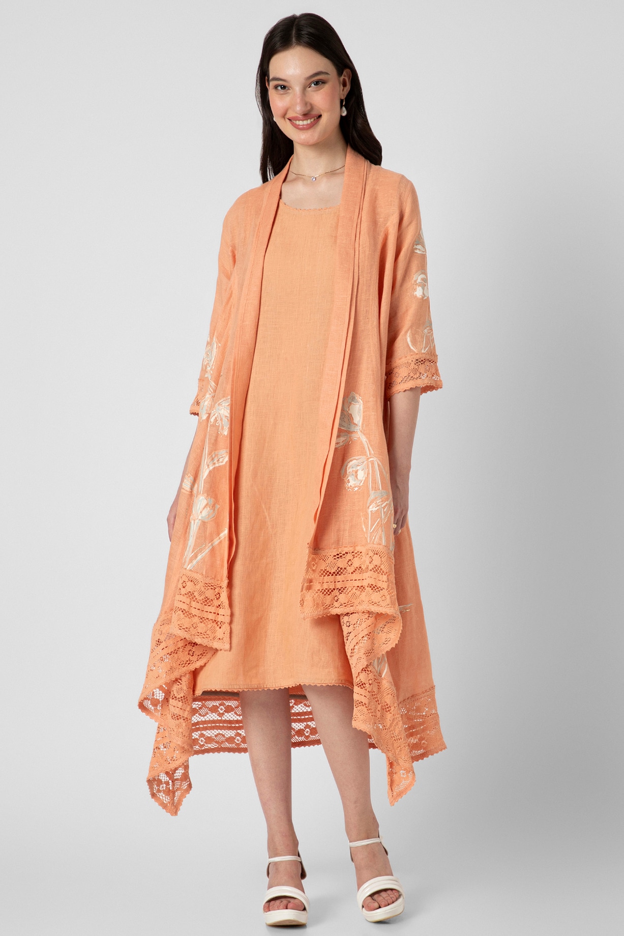 Orange Linen Hand Screen Printed Jacket Dress by Kaveri at 