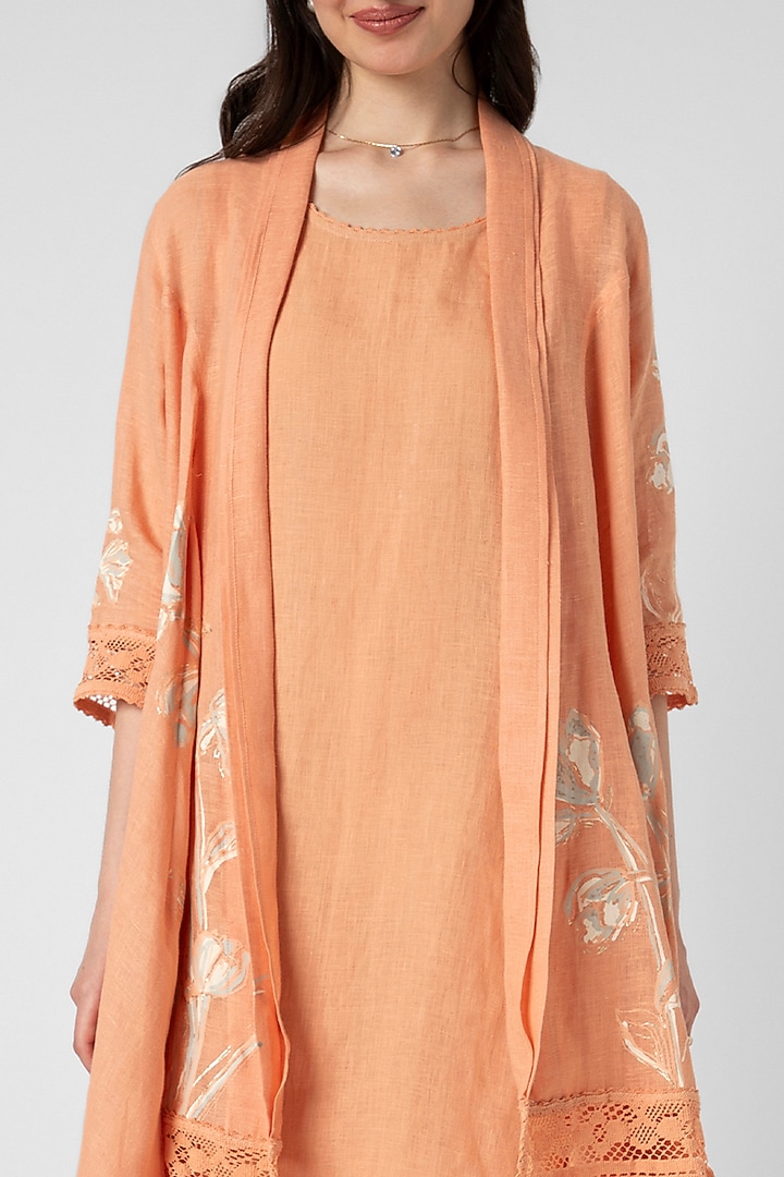 Orange Linen Hand Screen Printed Jacket Vacation Dress by Kaveri at Pernia's Pop Up Shop