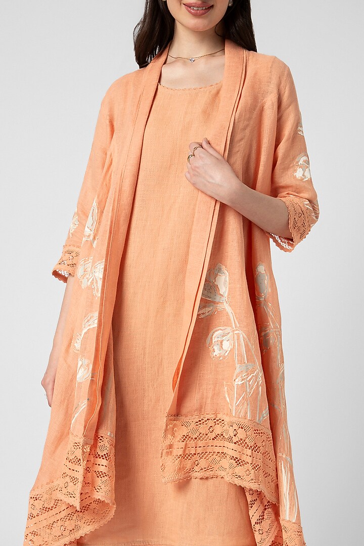 Orange Linen Hand Screen Printed Jacket Vacation Dress by Kaveri at Pernia's Pop Up Shop