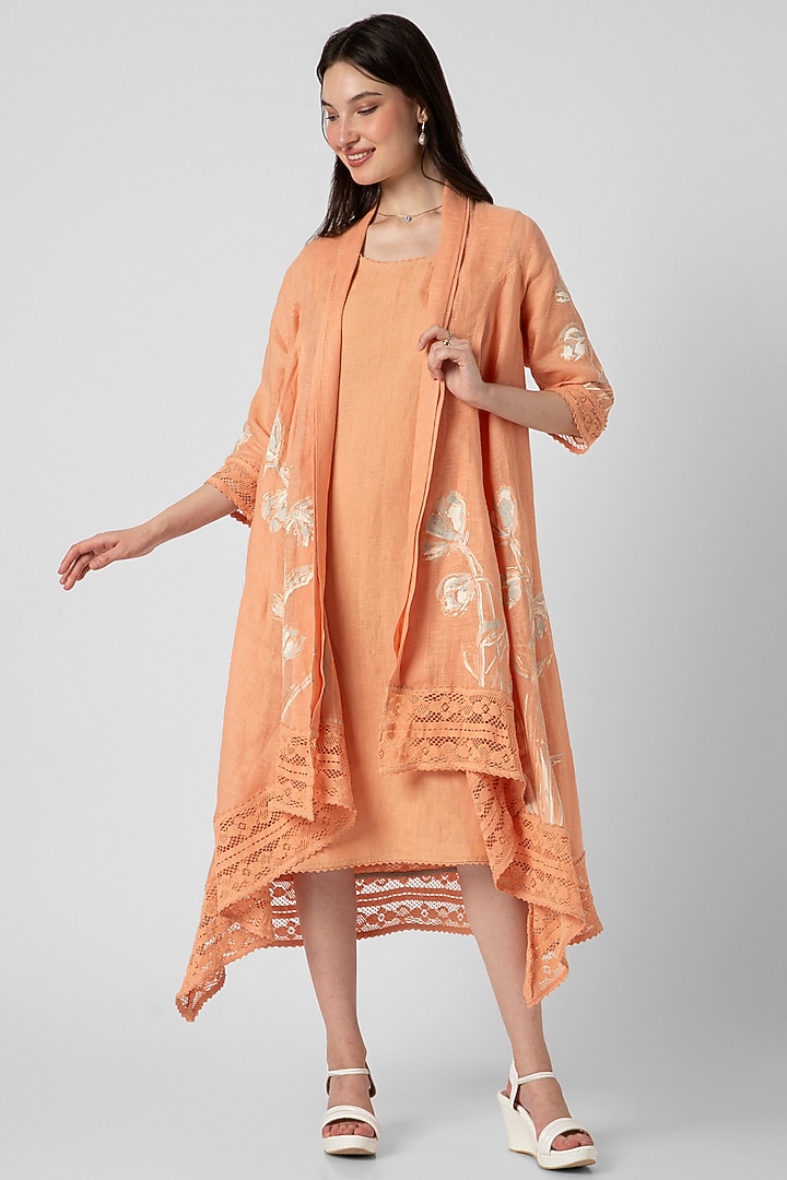Orange Linen Hand Screen Printed Jacket Vacation Dress by Kaveri at Pernia's Pop Up Shop