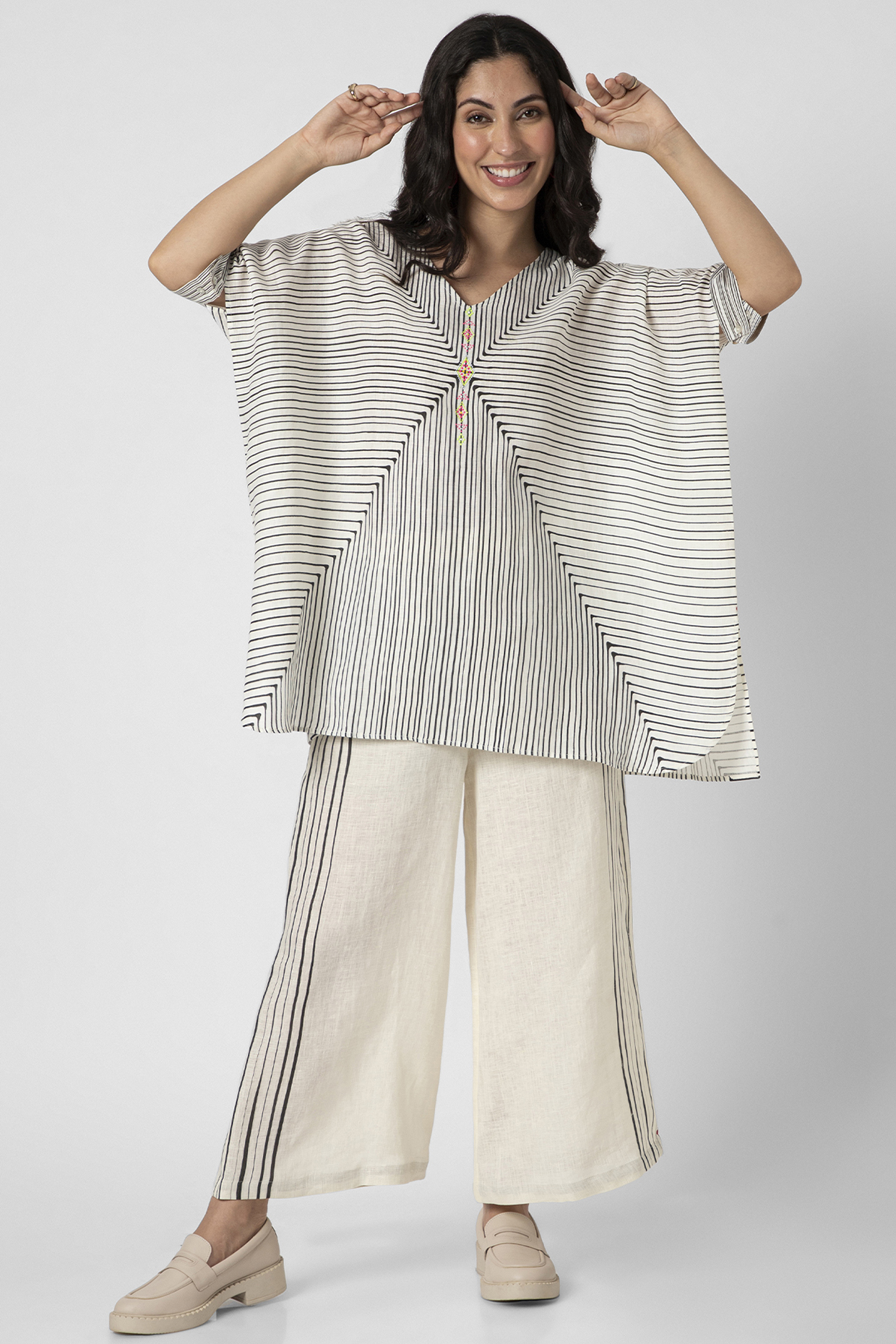 Off-White Linen Hand Screen Printed Co-Ord Set by Kaveri at Pernia's Pop Up Shop