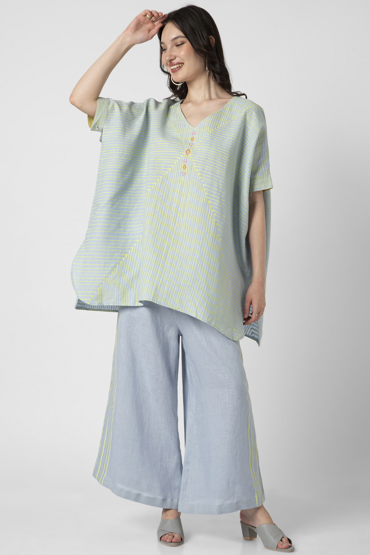 Blue Linen Hand Screen Printed Co-Ord Set by Kaveri at Pernia's Pop Up Shop